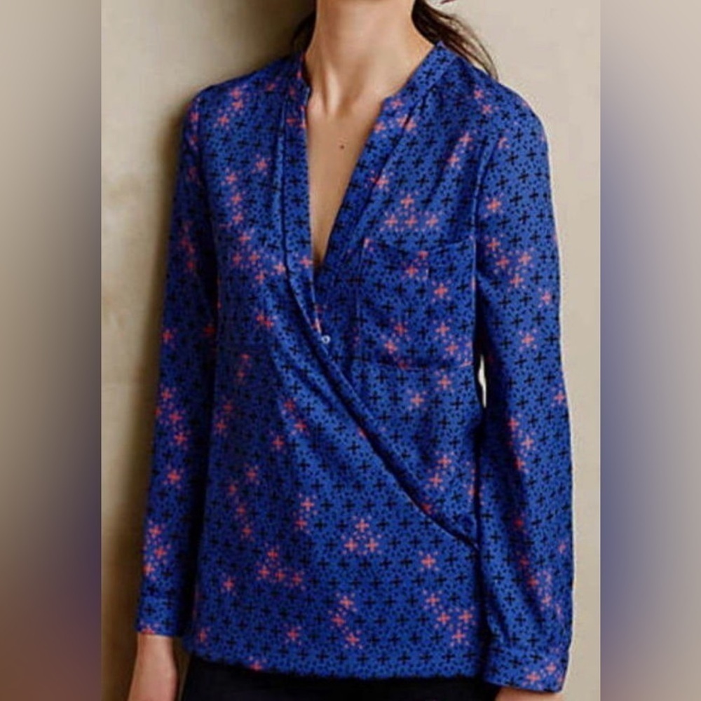 Anthropologie Maeve Size 8 Dark Blue Eva Wrap Long Sleeve Blouse